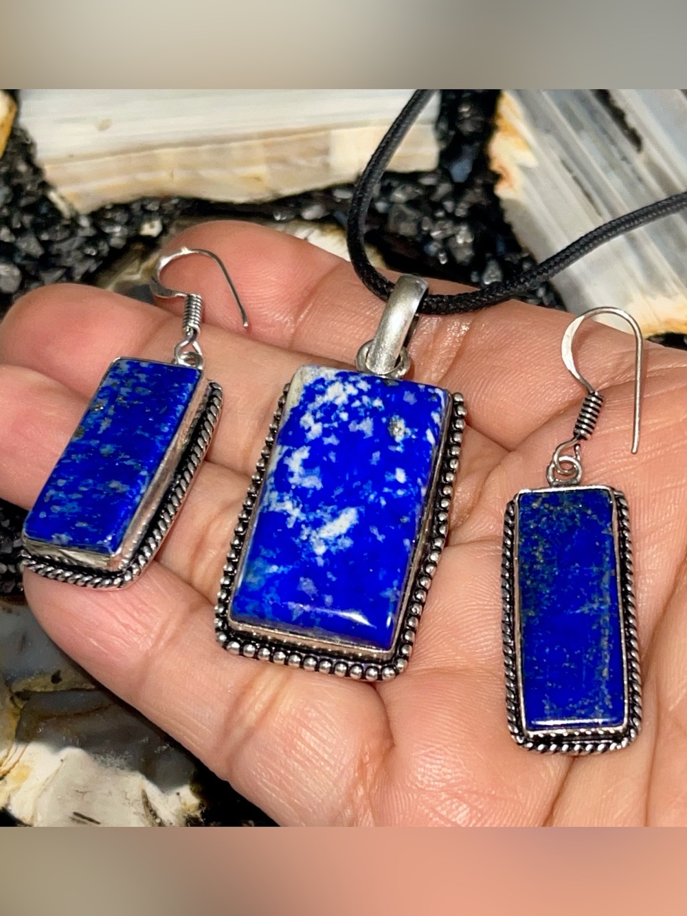 Lapis Lazuli Crystal Pendant & Earrings Set